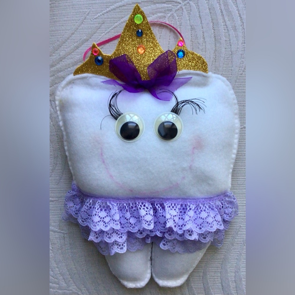 Hand Made White and Purple Tooth Fairy Pillow with Gold Crown